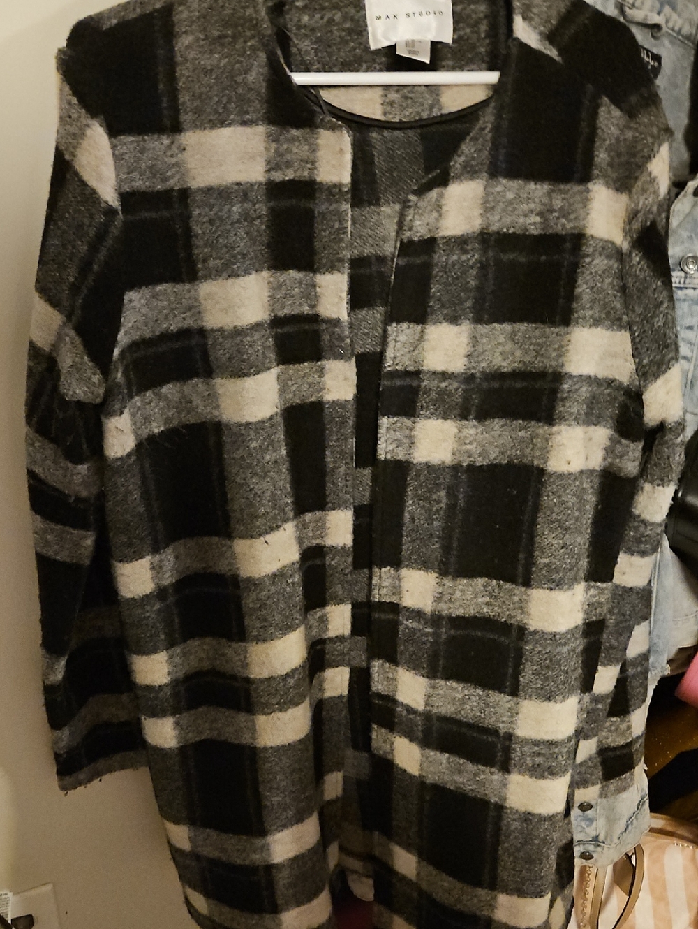 Max Studio Black and Cream Plaid Open Cardigan